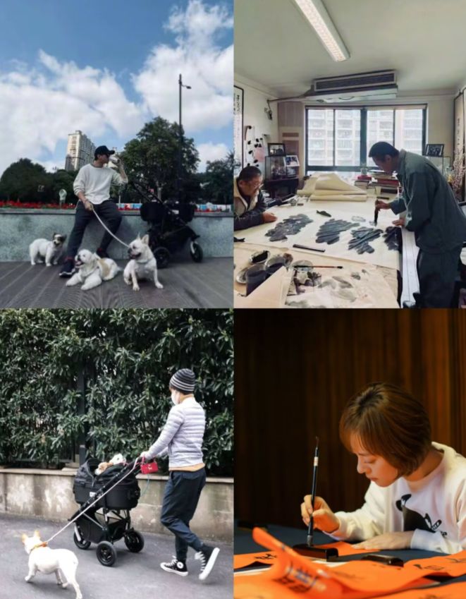 邓超|孙俪晒老公近况,邓超在家写毛笔字遛狗,网友:提前过上老年生活