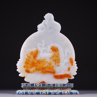 |清 和田玉籽料雕双狮诗文玉屏。