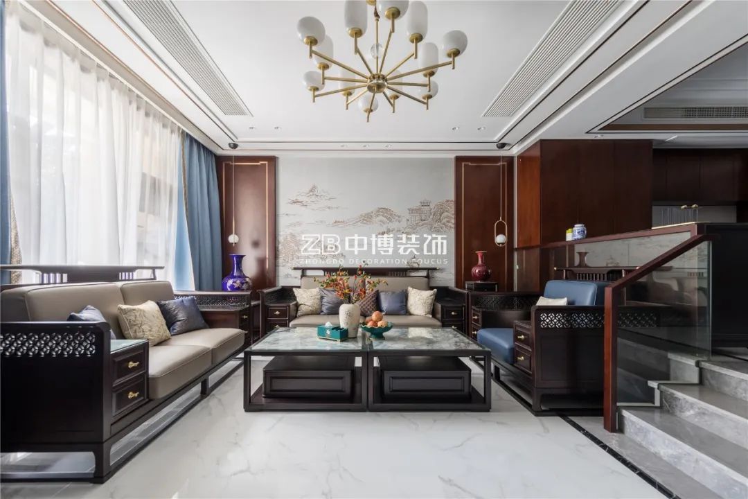 300平米三层别墅装修案例 现代新中式家居实景