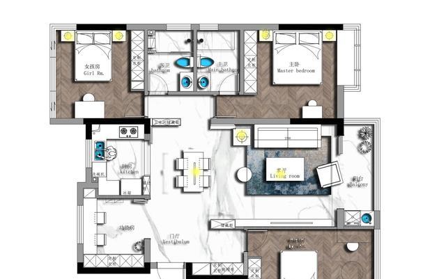 140将大横厅一拆为二，隔出间15儿童房，一儿一女都有地睡了