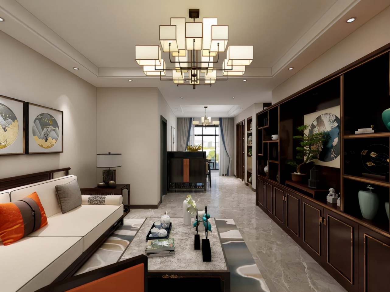 95平新中式二居室,对称、留白、方圆的美展现得淋漓尽致