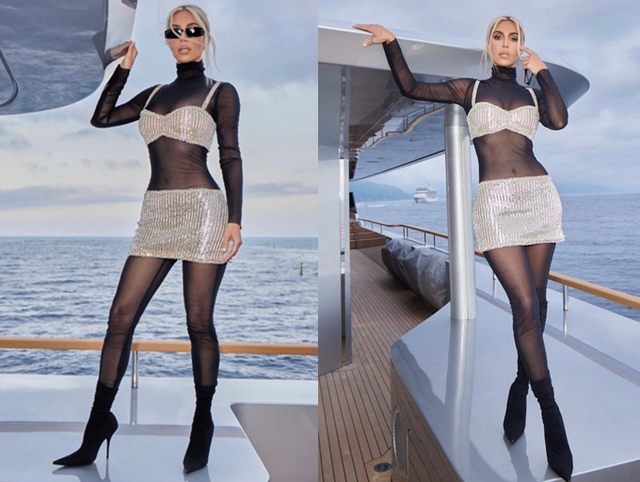 金·卡戴珊|金卡戴珊晒出海近照！全身黑丝装+吊带短裙太绝，完全看不出41岁