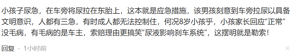 男孩往车胎上撒尿,母亲的态度惹怒车主报警,要求赔偿车辆损失费