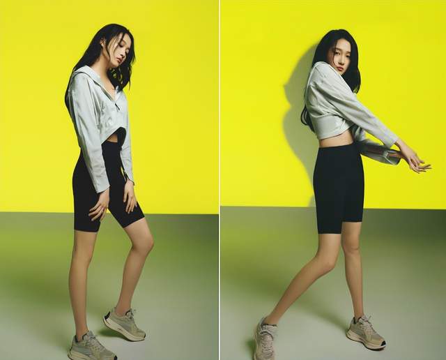 秦方|关晓彤躺地上拍照秀身材!穿短上衣腹部平坦,紧身短裤秀细直长腿