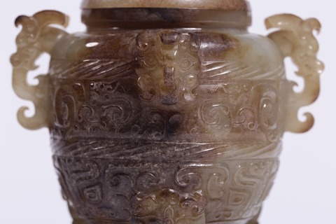 |战汉,和田玉带沁兽面纹盖炉一对