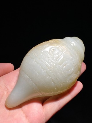 沉香|清嘉庆 和田玉籽料 白玉 御赞五佛 白玉海螺 佛像法螺洗