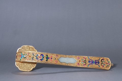 和田玉籽料|清代 和田玉籽料百宝嵌如意摆件