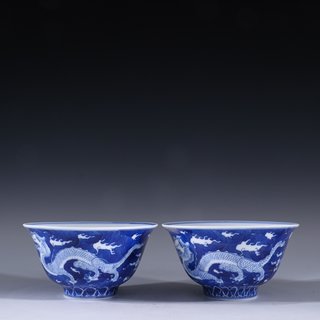 |回流 青花双龙杯一对
