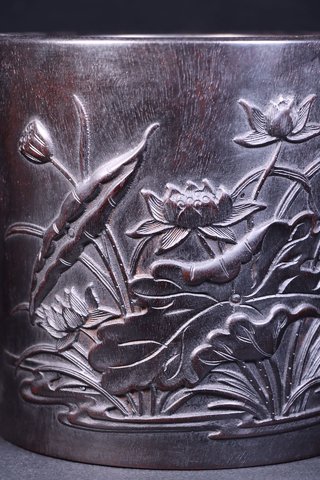 鸳鸯|老紫檀木雕“和合鸳鸯”文房笔筒。