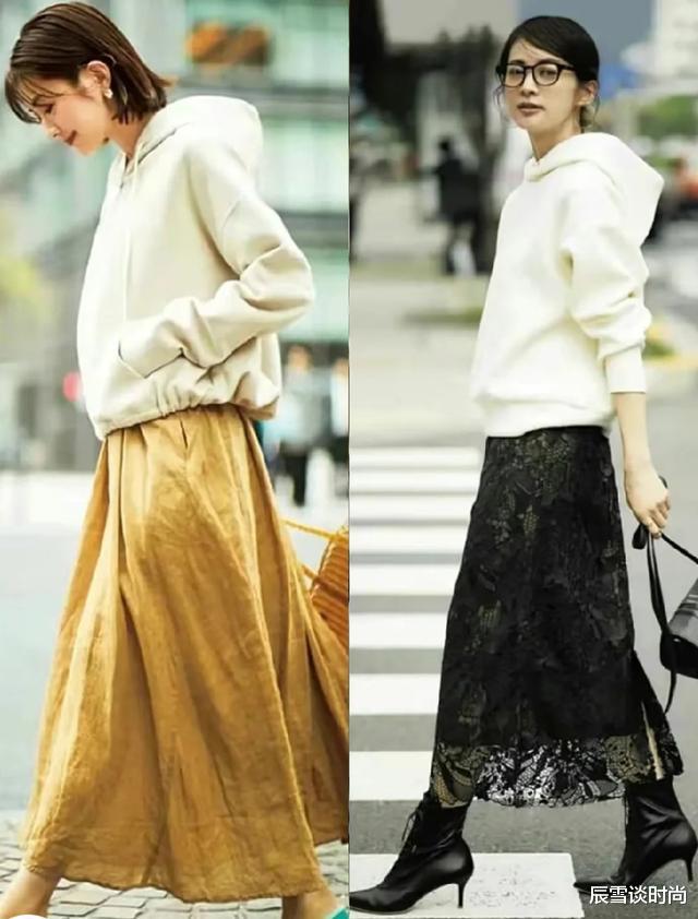 这才是“卫衣”的正确打开方式,搭过膝长裙,休闲随性却不失优雅