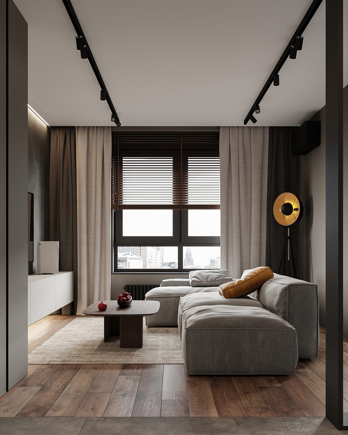 三个现代家居, 用灰色装饰和木质装饰打造舒适别致的内饰