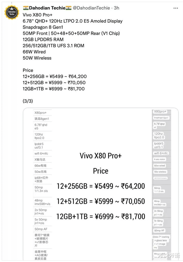 相机|vivo X80系列 三款新机的详细参数和价格疑似曝光