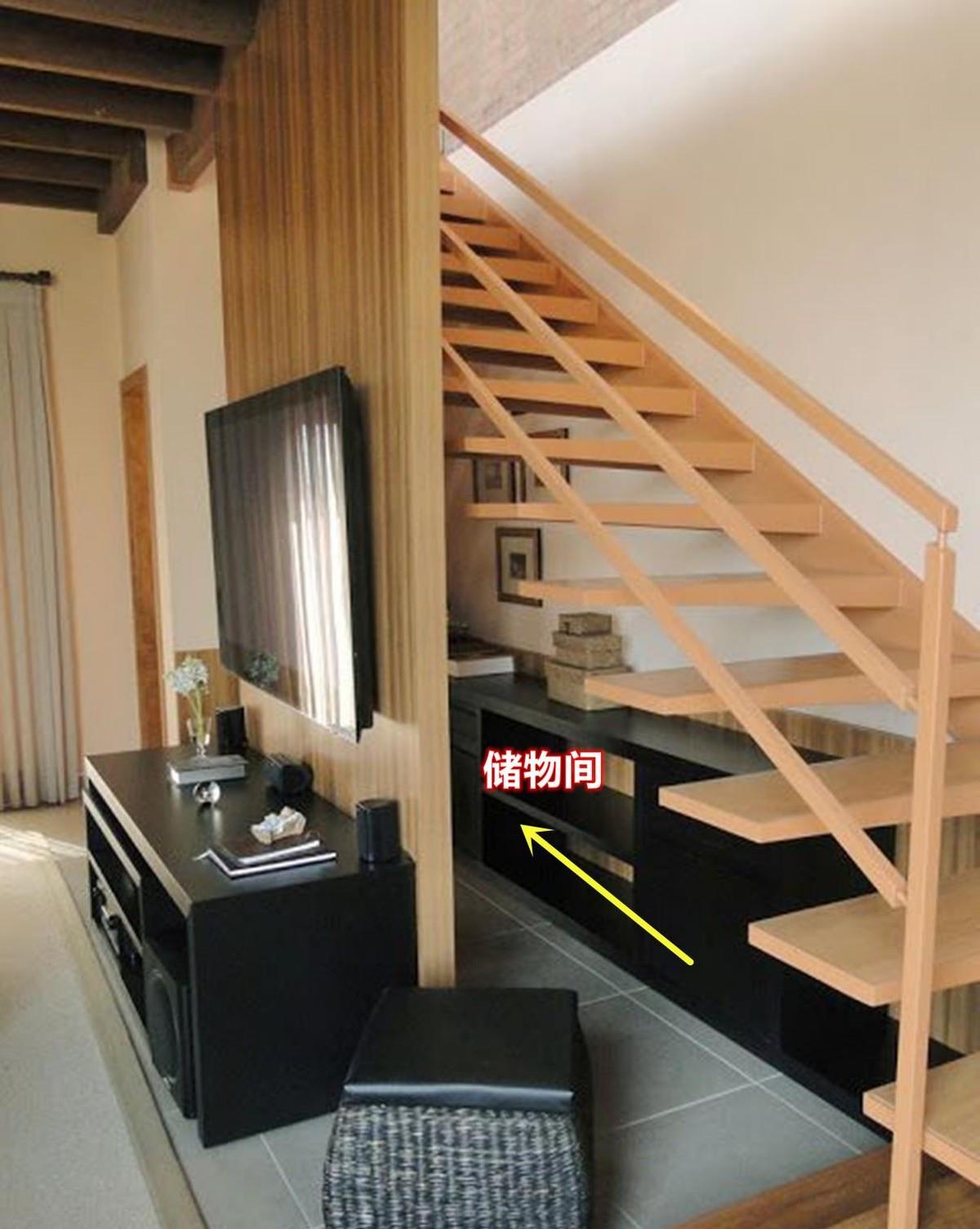 楼梯下只做电视墙有些浪费,试试再挤挤,能多出这么多功能区