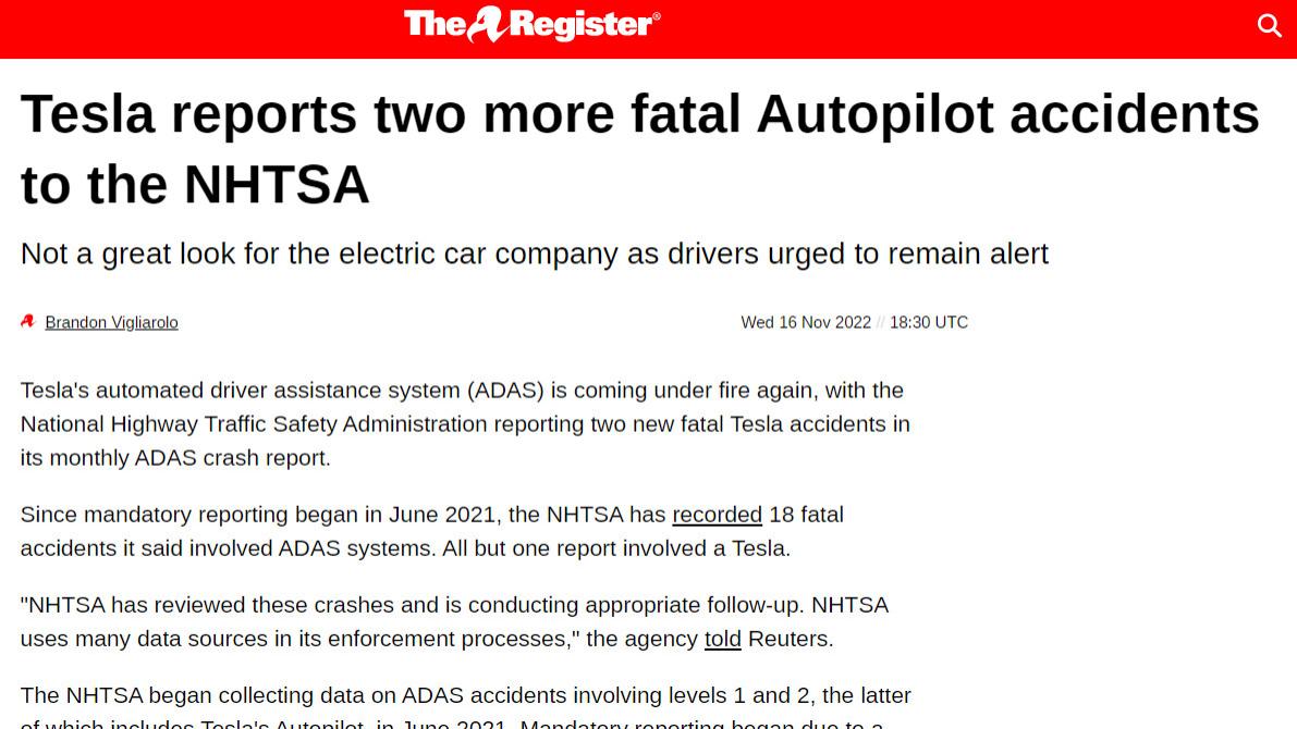 特斯拉辅助系统遭美国交通安全管理局警告  占所有ADAS车祸的70%  并要求司机\保持警惕\