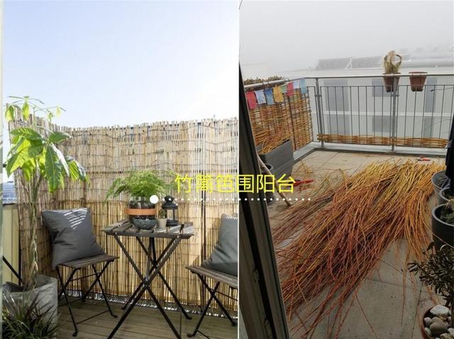 真新鲜,阳台不用玻璃封起来,贴着护栏围一圈竹篱笆,清新凉爽
