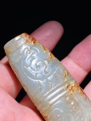 和田玉籽料|汉 和田玉籽料 白玉受沁 龙凤纹 玉勒 扁勒