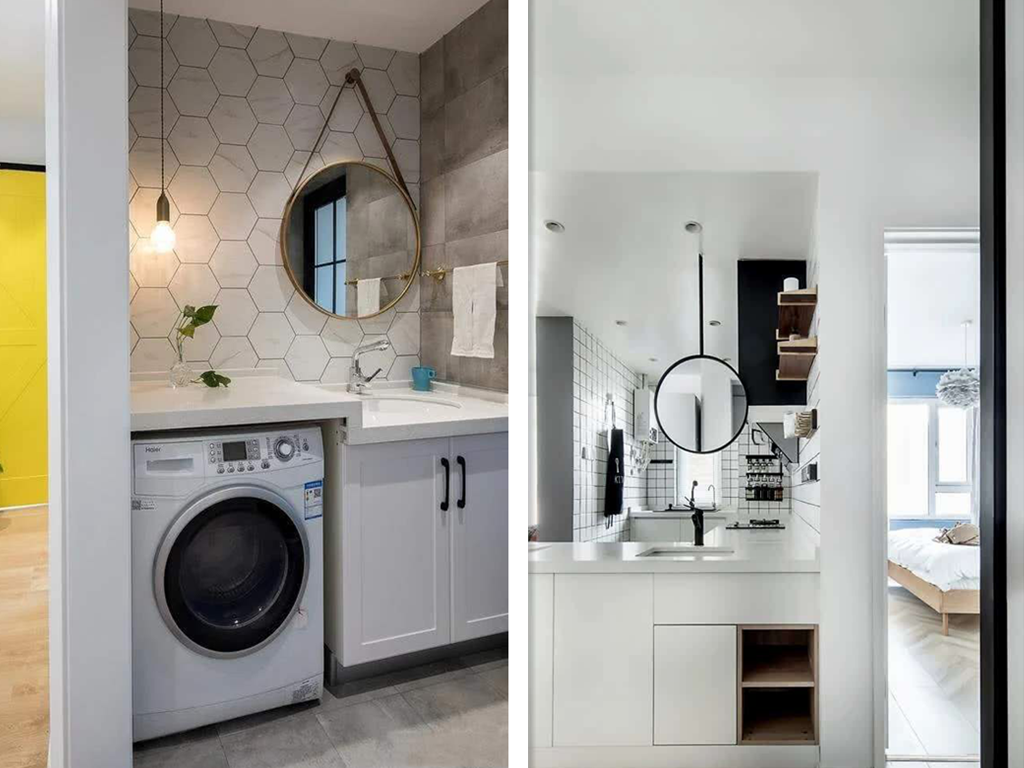 又得到一个新灵感:洗漱台外移,不设门旁,与这些结合实用性更强