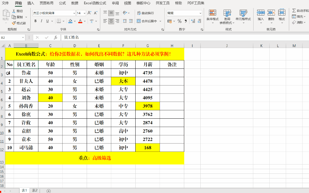 b-2轰炸机|在2张表中，如何快速地找出不同的数据？这4种方法，也许能帮助你