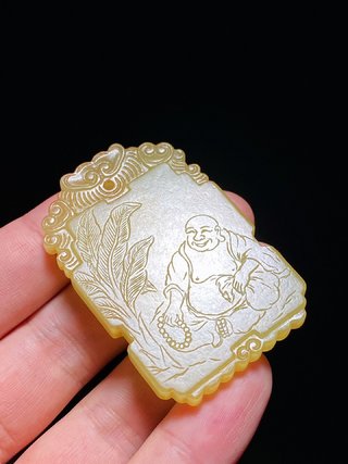 工艺美术|清 和田玉籽料 黄玉 弥勒佛 大肚佛 诗文牌 挂件