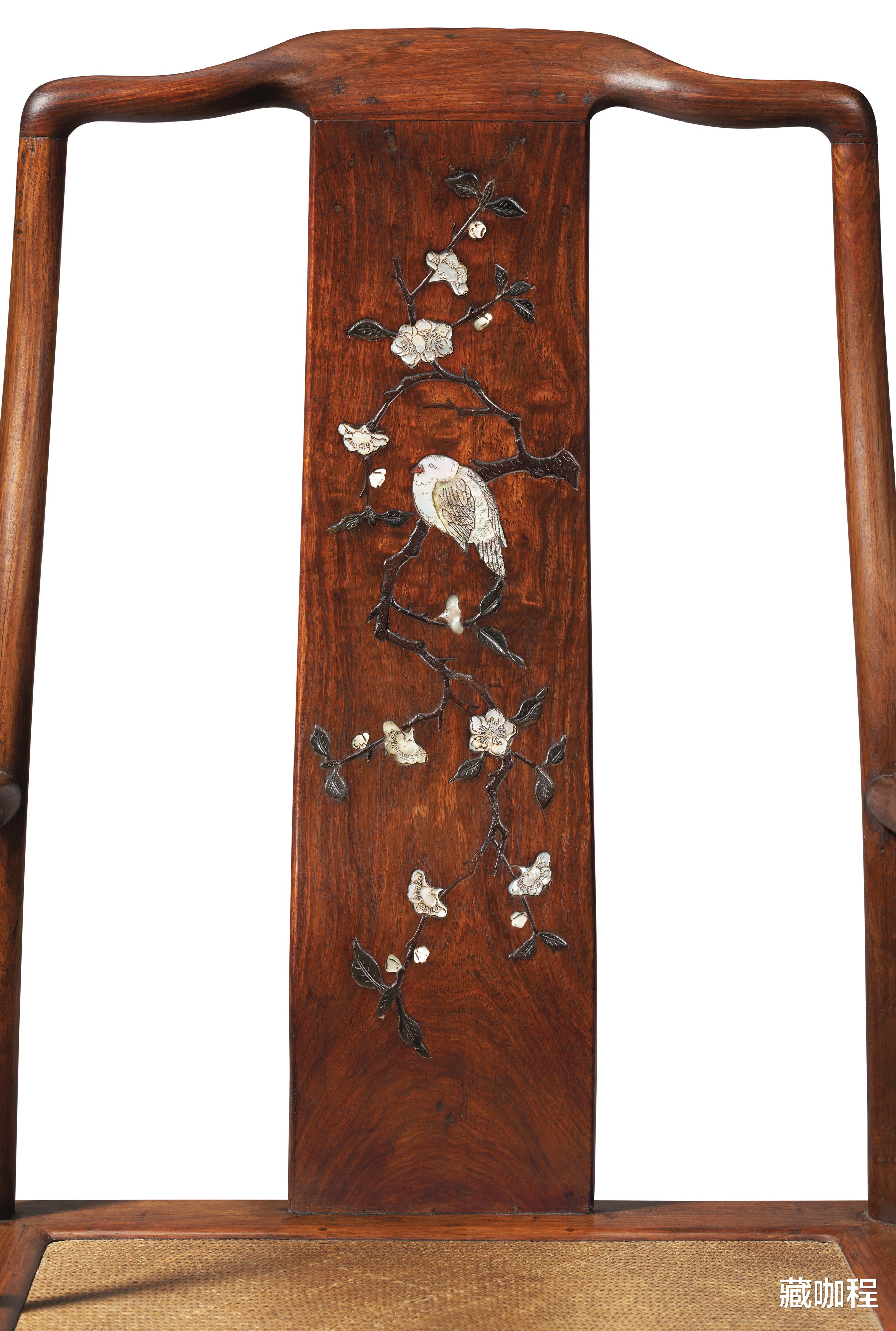 |名副其实高靠背,明黄花梨南官帽椅成对嵌百宝