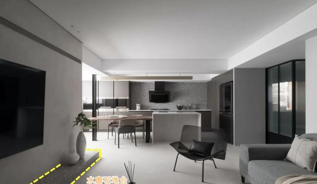 取消传统到顶的电视柜，砌个水磨石地台，简单又好看，美到心里去