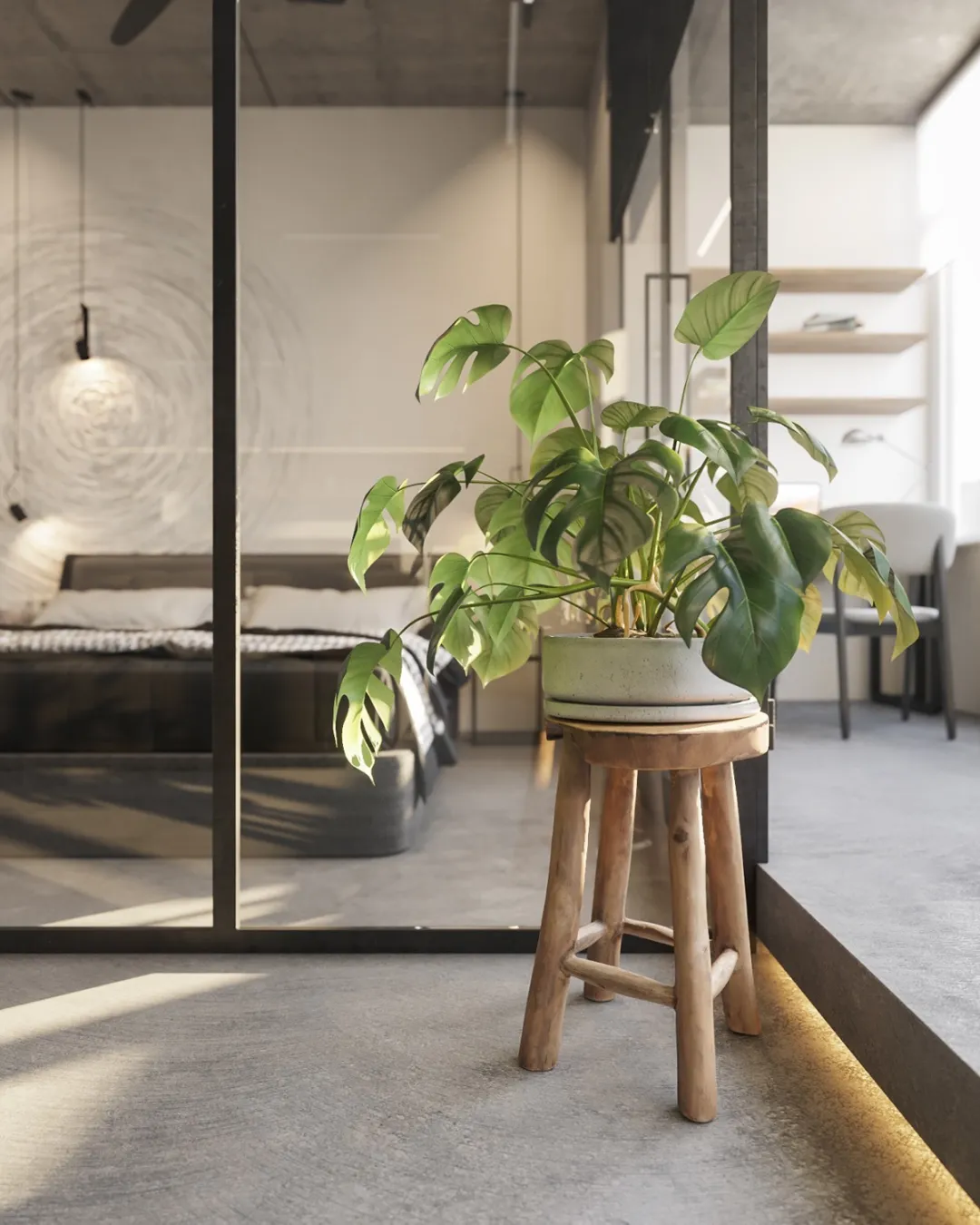 酷飒工业风格,绿植和灯光让它高级不冰冷,绝佳质感的高级范!