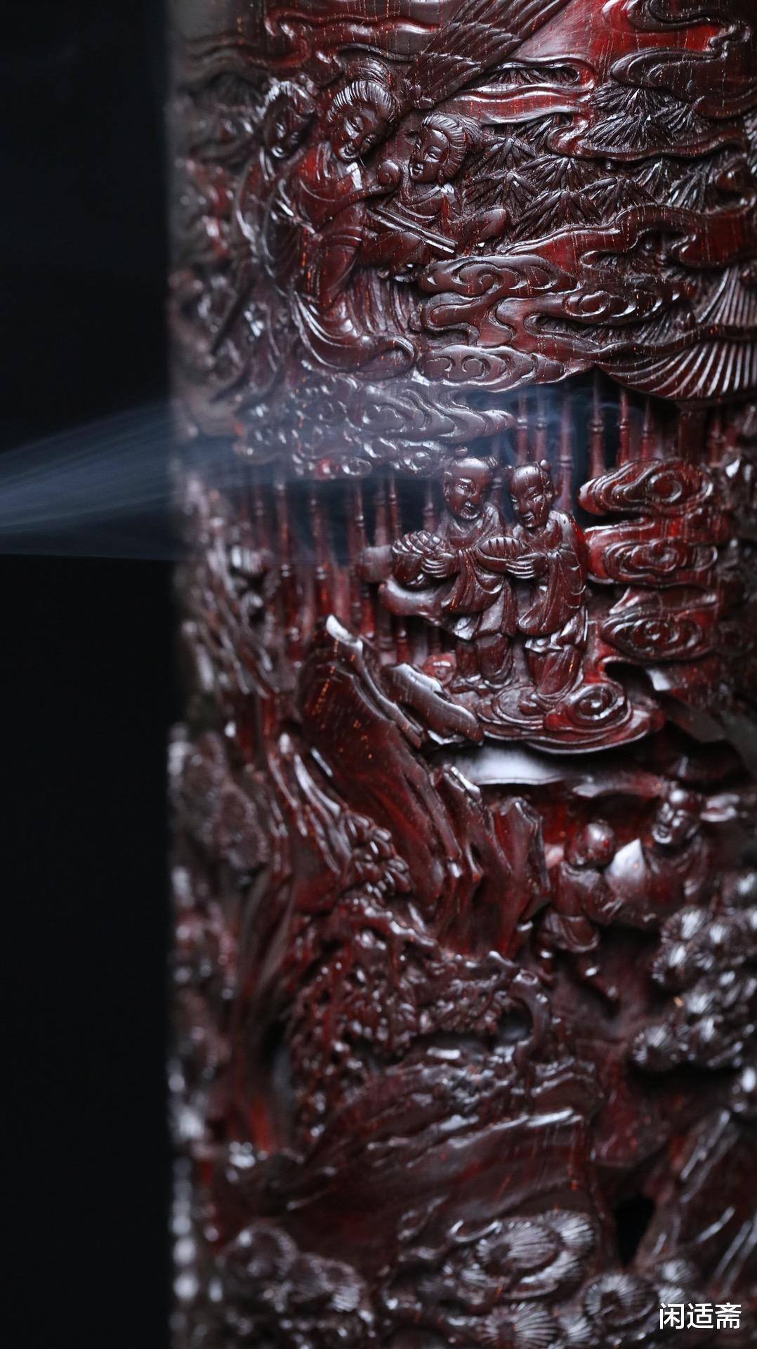 黄杨木|雅室清玩，紫檀镶黄杨木，群仙祝寿图，香筒