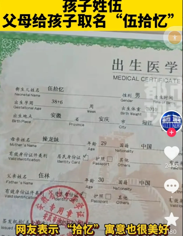 安徽安庆,一女子晒了孩子的出生证明,给儿子取了名字“伍拾忆”,网友看了纷纷点赞