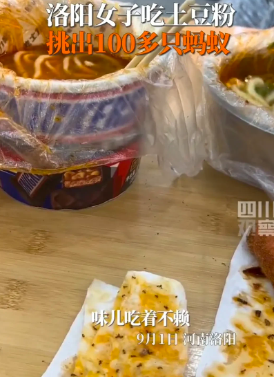 女子在小吃摊买土豆粉挑出大量蚂蚁:估计有上百只,钱不多没打算要赔偿