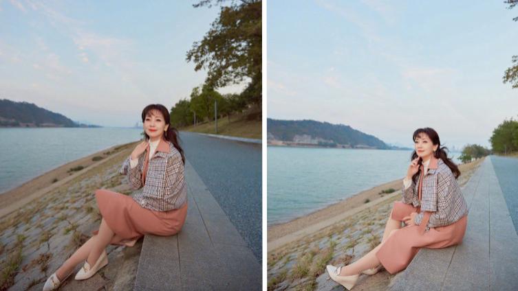 赵雅芝|165cm赵雅芝，西湖漫步，身穿“格子外套+砖红色裙子”，风景如斯也