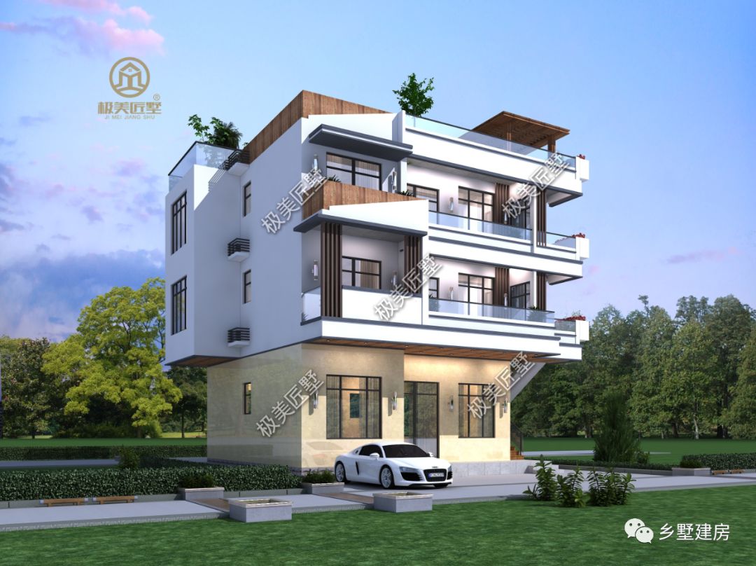 占地尺寸12X10米,三层现代风别墅,简单大气