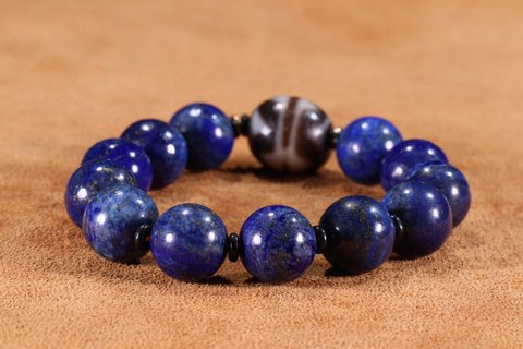 |【藏传精品青金石至纯双虎牙达洛天珠手串】