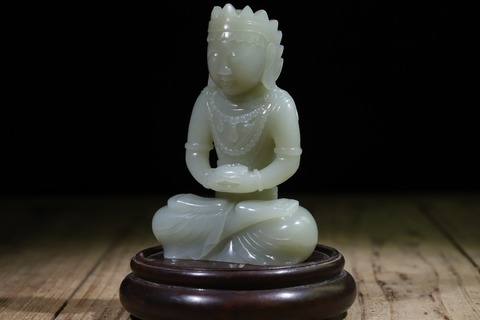 粉彩|舊藏和田玉“菩萨”座像