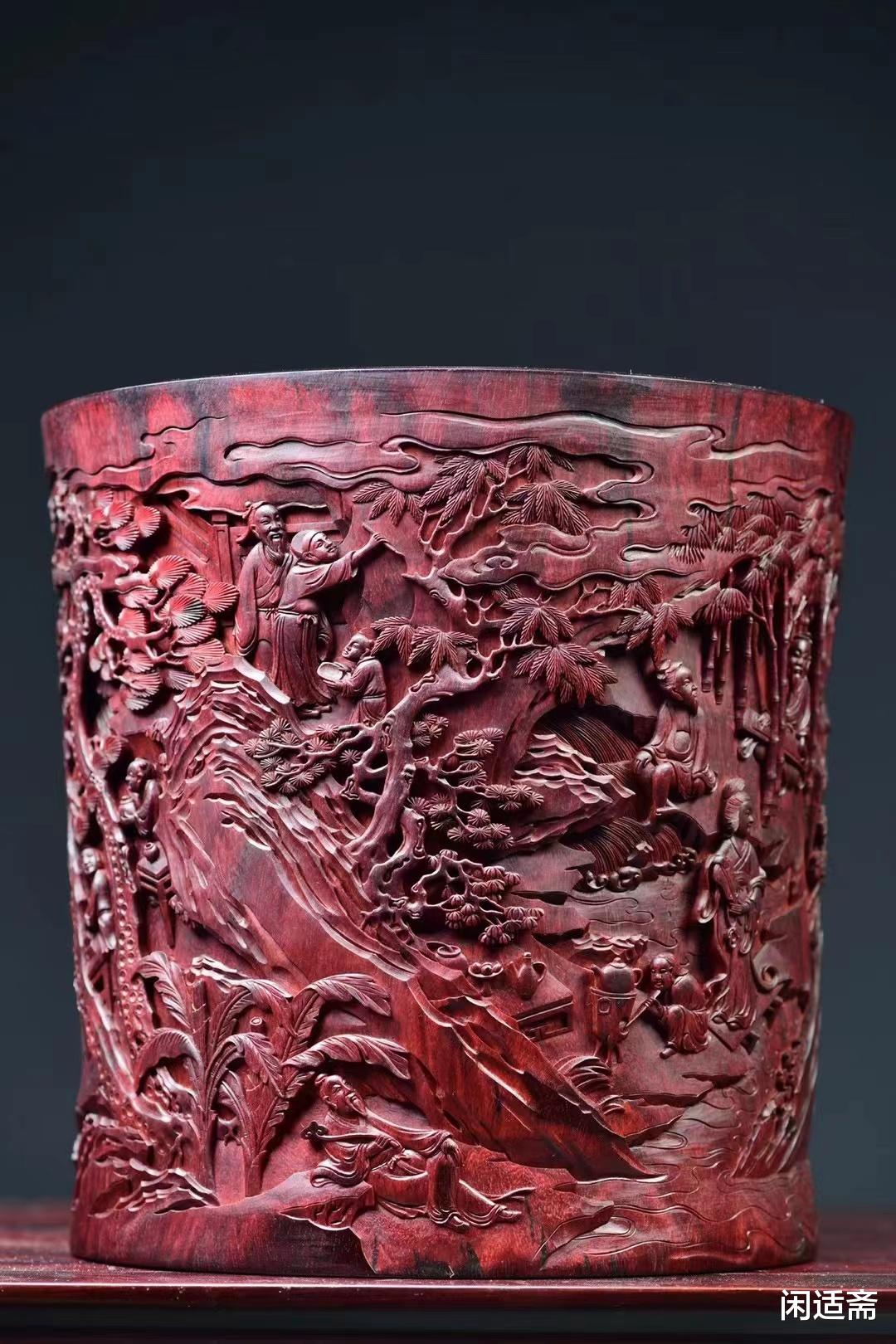 笔筒|文房珍藏品，小叶紫檀，西园雅集图笔筒