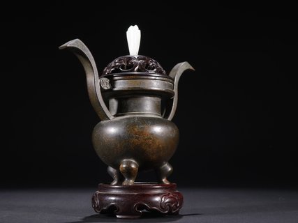 紫檀|晚清【老铜制 紫檀镶和田玉 香薰炉】