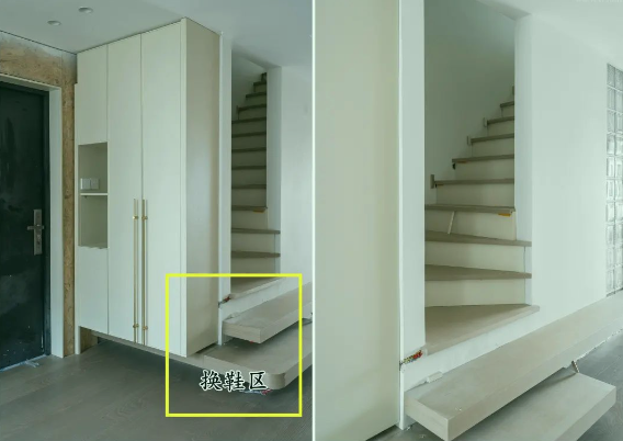 进门就是楼梯?那就跟他家学,和玄关柜一体式,方便不说还省空间