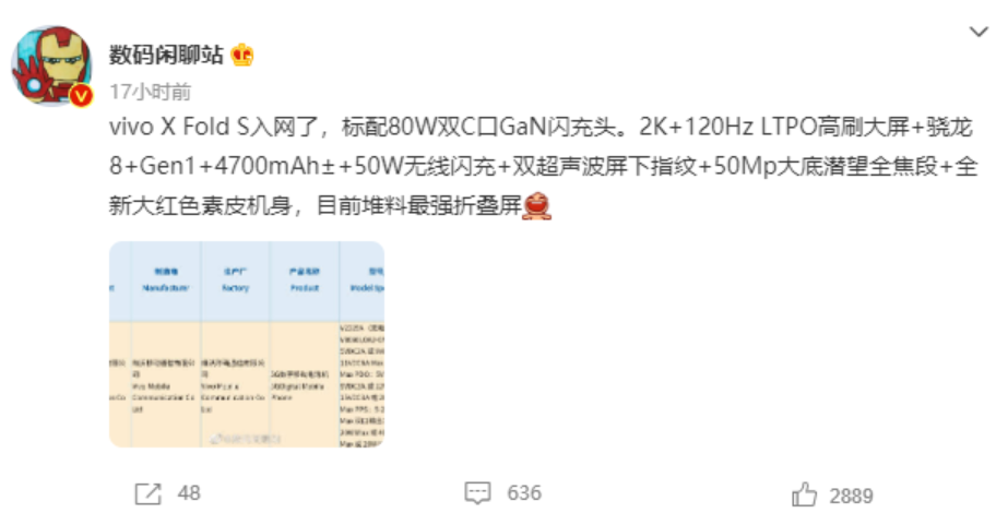 折叠屏|曝vivo X Fold S入网 有大红素皮机身堆料最强折叠机