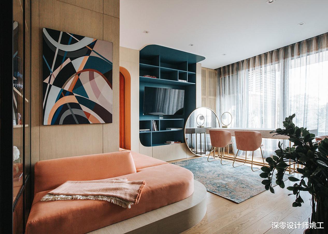 就爱这个色彩缤纷的家,128㎡客餐厨好在改一体化,面积再小也不怕