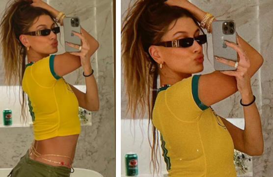 贾斯汀·比伯|海莉晒近照，身披巴西球衣，秀极致腰身！与比伯回故乡甜蜜度假