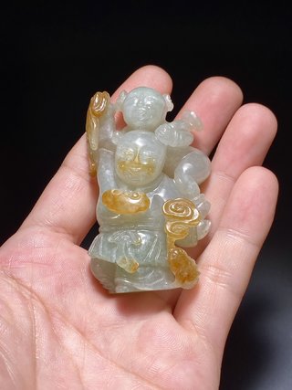 翡翠|清乾隆 老坑翡翠 黄翡俏色 双童子持如意戏金蟾 把件摆件挂件