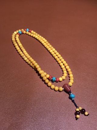 老蜜蜡|藏传 爆老：老蜜蜡+红珊瑚绿松石108颗念珠