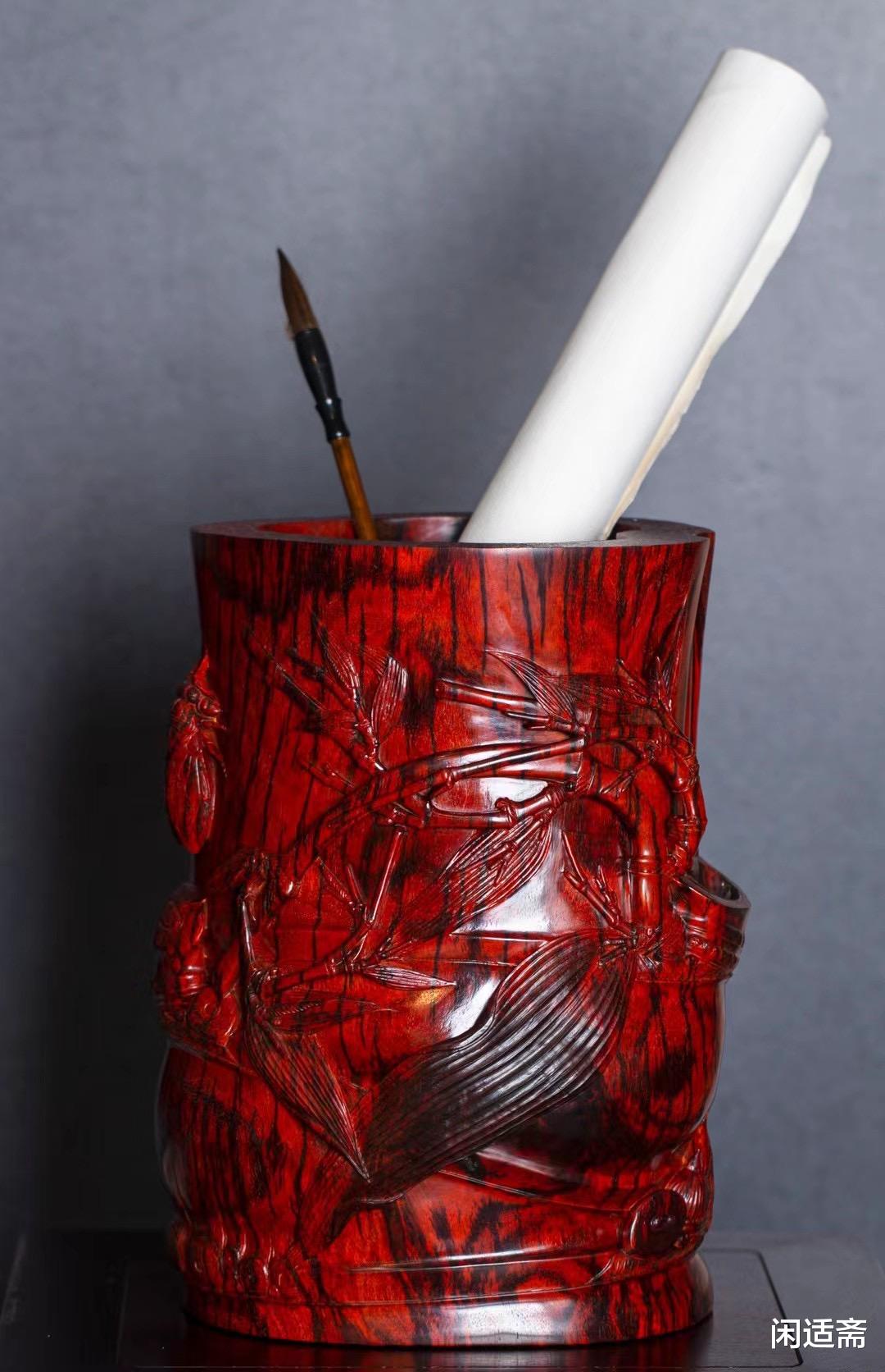 笔筒|文房赏玩，小叶紫檀，知足常乐，超大笔筒