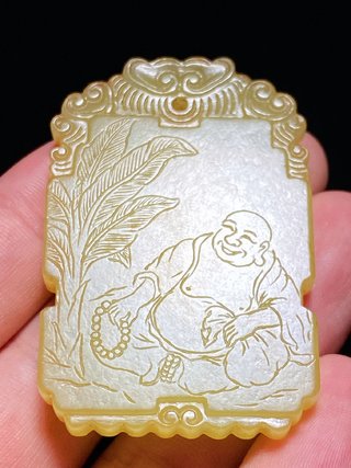 工艺美术|清 和田玉籽料 黄玉 弥勒佛 大肚佛 诗文牌 挂件