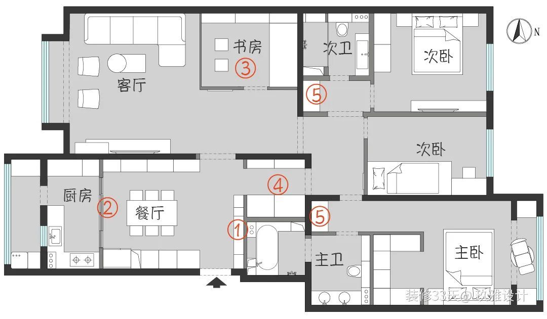 客厅增书房，主卧增衣帽间，现代简约大平层
