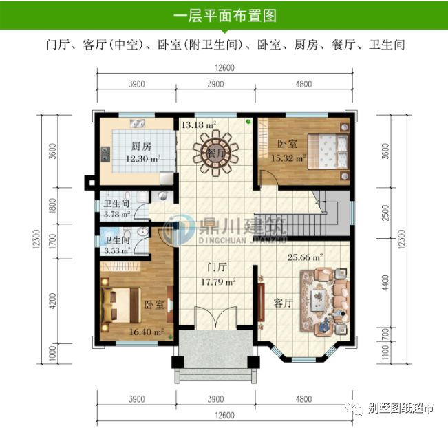 欧式二层农村别墅,12×12米,挑空客厅6房3厅,外观经典户型好