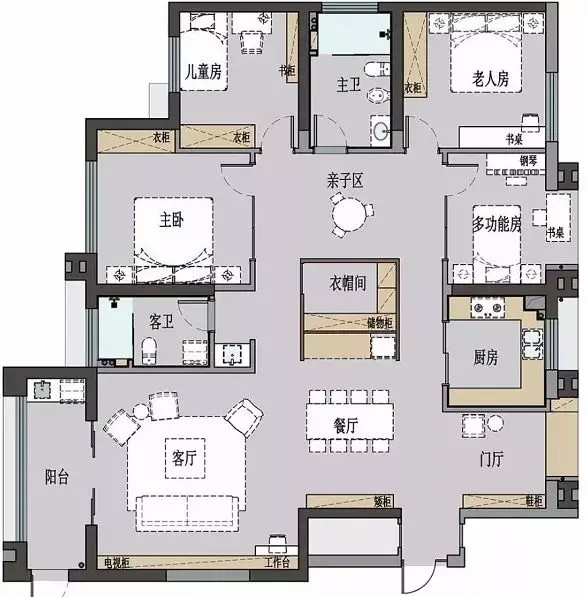 180平简约四居室客厅背景墙当书架与工作区,不仅美观实用