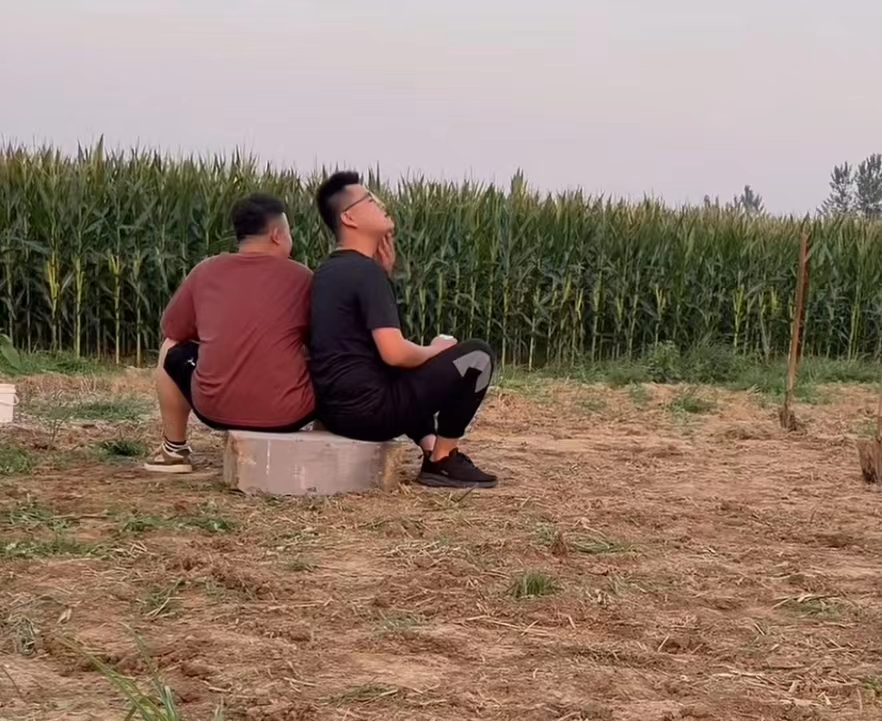 |田静晒家人干农活画面，姚威坐在地上数星星，田家果然是人丁兴旺