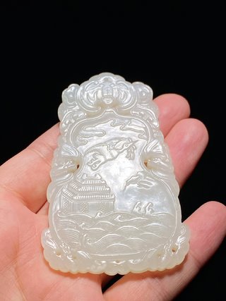 和田玉籽料|清中期 和田玉籽料 白玉 海屋添筹 福禄寿 玉牌 挂件