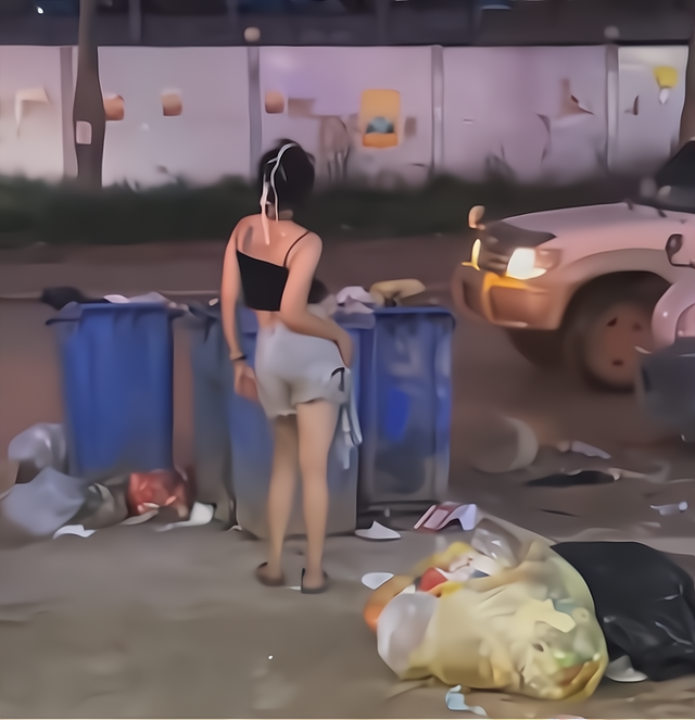 女子街上围着垃圾桶翩翩起舞,衣着时尚,疑似感情所伤行为失控