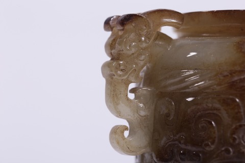 |战汉,和田玉带沁兽面纹盖炉一对